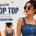 Woman wearing a stylish blue denim crop top with front buttons, paired with light-wash jeans, showcasing the trendy casual fashion look.