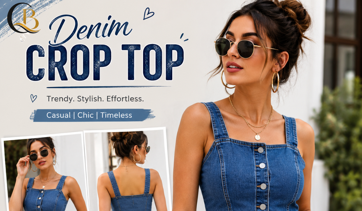 Woman wearing a stylish blue denim crop top with front buttons, paired with light-wash jeans, showcasing the trendy casual fashion look.