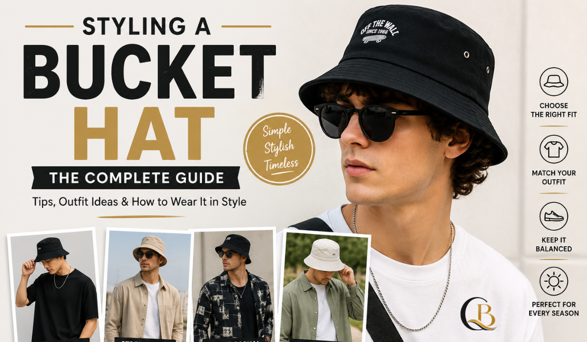 Man wearing a black bucket hat with stylish casual and streetwear outfit ideas. Styling a Bucket Hat: stylish outfit ideas and wearing tips