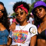 Three women wearing colorful 90s-inspired Freaknik outfits with denim, statement jewelry, sunglasses, and a purple bucket hat.
