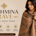 Elegant woman wearing a luxurious paisley pashmina shawl with the text “Pashmina Rave” and “Elegance. Warmth. Timeless.”